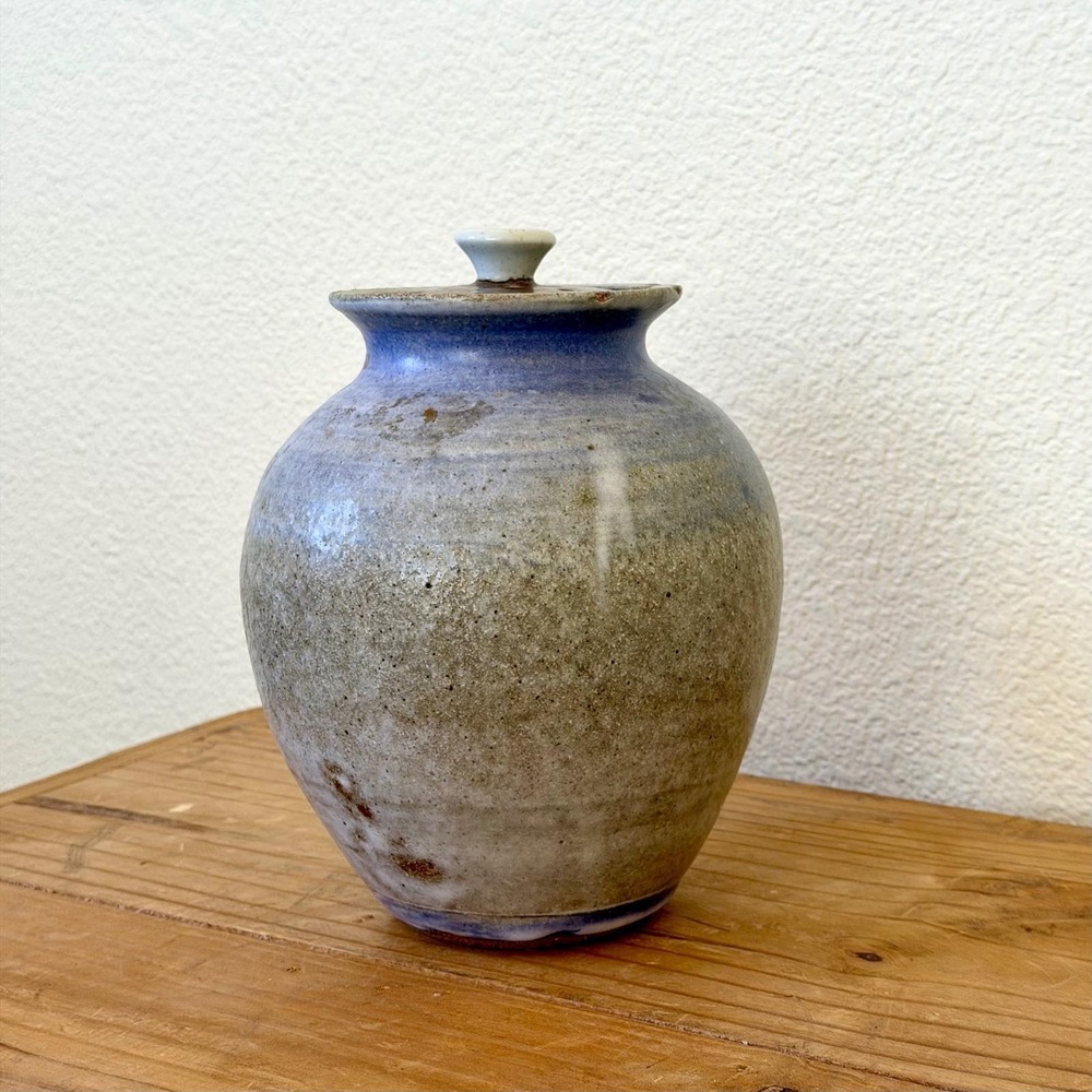 Studio Pottery Lidded Jar Blue Drip Glaze Stoneware Signed Handmade Ceramic